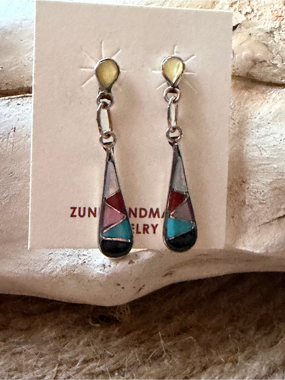 Zuni Handmade Turquoise and Opal Inlay Teardrop Dangle Earrings - Multi-Color